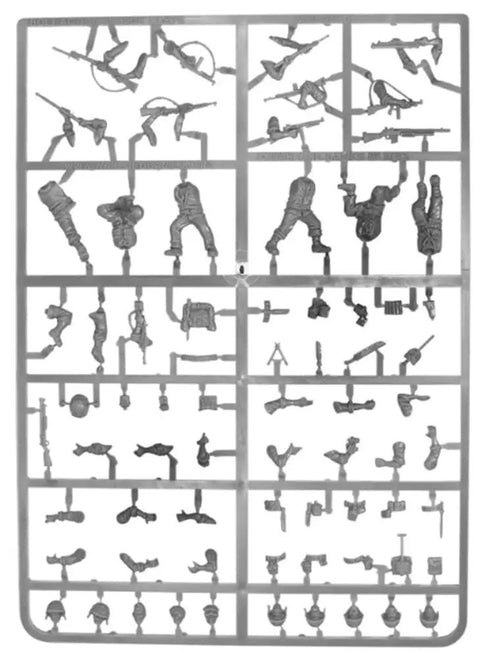 Sprue sheet of Pacific Theater US Marines Bolt Action 28mm plastic miniatures, unpainted parts for WWII gaming figures and dioramas.