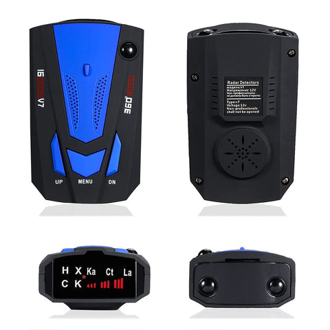 Front and back view of 360 Degree Radar Detector With GPS Speed Trap Alerts, 16 Band Voice Warnings, Includes 1080P HD Webcam Blue