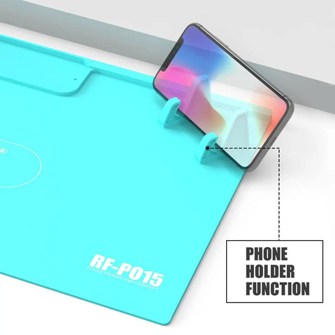 Dope Heat Resistant Silicone Soldering Mat For Electronics Repair Large Anti Static Work Pad with phone holder feature.
