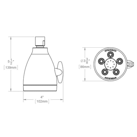 Technical drawing of AnyStream 360 Degree Showerhead with Uniform Water Coverage and Boosted Pressure, dimensions shown.