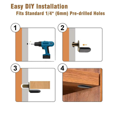 Easy DIY installation guide for Zero Hassle Heavy Duty 40 Piece 1/4 Inch L Shaped Shelf Pegs with nifty rubber sleeves.
