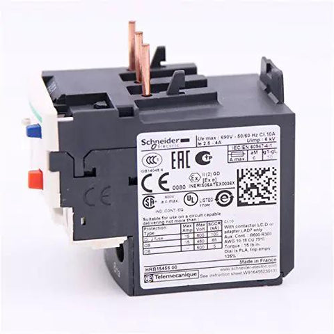 TeSys LRD Thermal Overload Relay LR-D08 2.5-4A Class 10A Automatic DIN Rail Mount, side view showing specifications label.
