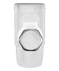 Smooth Operator Hand Pump Espresso Maker For Pods Or Grounds Portable Travel Coffee Brewer With Leak Proof Mug seen from front angle, transparent design.