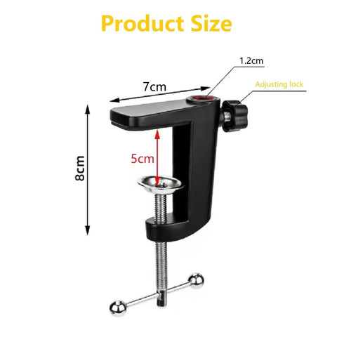 Pro Grade Aluminum Alloy Adjustable C Clamp Mount For Universal Desk Lamps And Mic Arms, showcasing dimensions 7cm x 8cm.