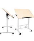 Mobile Adjustable Standing Desk With Scratch Resistant White Maple Surface And Sturdy Metal Base, angled view with wheels.