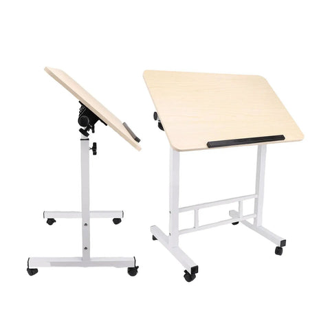 Mobile Adjustable Standing Desk With Scratch Resistant White Maple Surface And Sturdy Metal Base, angled view with wheels.