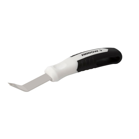 Heavy Duty Staple Remover Tool Featuring A Sturdy Stainless Steel Lifter For Upholstery Furniture Fixes And Crafts Dead Simple No Sweat Pulling Power, white and black handle