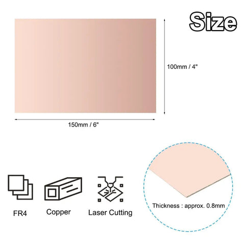 4x6 Inch Double Sided Copper Clad Laminate PCB Boards, 12 Pieces, 0.8mm FR4 thickness and size diagram