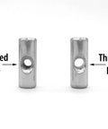 Two precision dowel pins, one with a threaded hole and one with a through hole, for Top Shelf Machinist Block Hardware Kit.