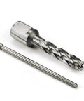 HSS annular cutter, 7/16 in dia with Weldon shank, shown with long drill bit — front-angle view