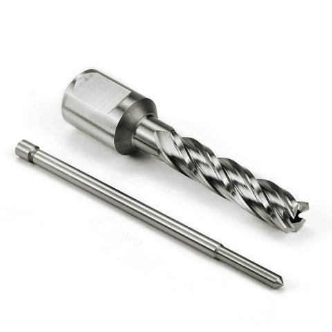 HSS annular cutter, 7/16 in dia with Weldon shank, shown with long drill bit — front-angle view