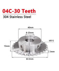Bulletproof 30 Tooth 04C Roller Chain Sprocket For Industrial Drive Systems showing 304 stainless steel construction and dimensions.