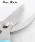 Close-up of lightweight garden scissors with sharp stainless steel bypass blade and green handle for flower cutting