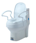 Elongated Raised Toilet Seat Risers Adjustable Height three secure lift pads, white with armrests, for adults and seniors.