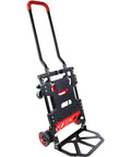 Heavy Duty Folding Hand Truck Dolly Cart For Moving And Hauling, Shopping, Travel And Office Use, Portable Sturdy Easy Fold With Comfy Rubber Handle, Wide Capacity, Quick Storage, Durable Steel Frame, folded black and red steel hand truck