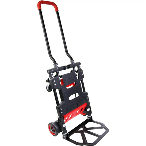 Heavy Duty Folding Hand Truck Dolly Cart For Moving And Hauling, Shopping, Travel And Office Use, Portable Sturdy Easy Fold With Comfy Rubber Handle, Wide Capacity, Quick Storage, Durable Steel Frame, folded black and red steel hand truck