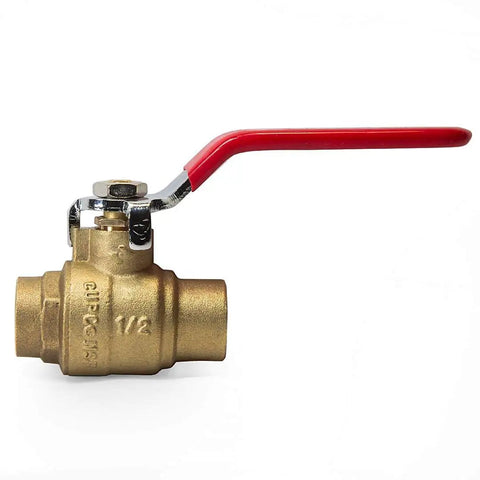Side view of a pack of ten full port sweat brass ball valve half inch lead free forged brass 600 WOG for water oil and gas one quarter turn shut off plumbing fittings