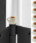 Whimsical Hot Cocoa Door Hinge Toppers Set Of 6 Magnetic Heads on black metal hinge showing close-up of beige cocoa cup