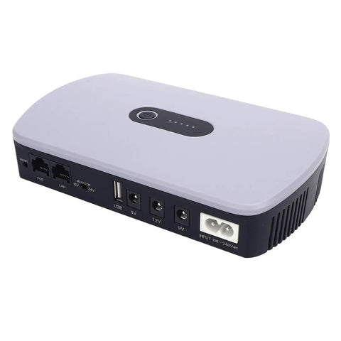 Heavy Duty 10400mAh UPS Battery Backup For Router Modem And Security Cameras Solid Plug And Play Surge Protector with various output ports.