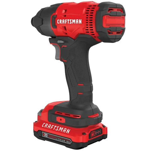 20V Cordless Impact Driver Kit With One Quarter Inch Quick Release Chuck, compact design, shown with battery attached.