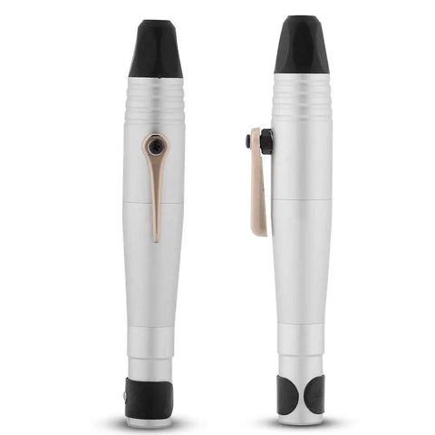 Rotary Handpiece Flex Shaft Tool with 2.35mm collet chuck, pro grade ergonomic design, side and front view