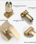 Components of Brushed Gold Shower System With 8 Inch Rainfall Shower Head Single Handle Trim Kit And Rough In Valve