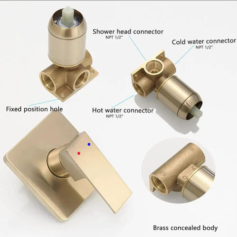 Components of Brushed Gold Shower System With 8 Inch Rainfall Shower Head Single Handle Trim Kit And Rough In Valve