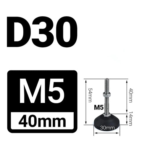 Adjustable Lathe Leg Set With 30mm Diameter Threaded Leveling Feet And Swivel Base, articulating leg dimensions and M5 thread details