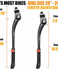 Adjustable Aluminum Bike Kickstand Center Mount for 24 to 29 Inch Mountain, Road, BMX and MTB Bikes with length measurements