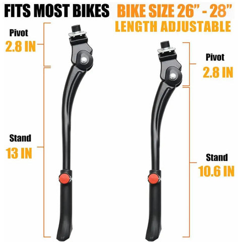 Adjustable Aluminum Bike Kickstand Center Mount for 24 to 29 Inch Mountain, Road, BMX and MTB Bikes with length measurements