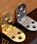 Brass Flush Mounted Folding Furniture Hinge with Self Locking Design for cabinets, doors, tables, and closets, shown in brass and silver.