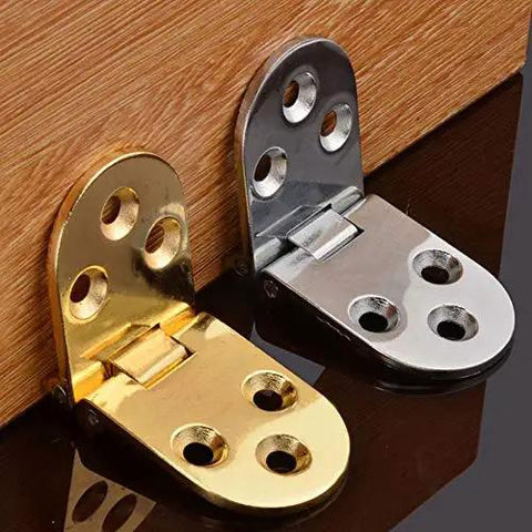 Brass Flush Mounted Folding Furniture Hinge with Self Locking Design for cabinets, doors, tables, and closets, shown in brass and silver.