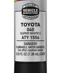 Scratch Fix All In 1 Touch Up Paint Exact Match For Toyota Super White II 0.25 Oz Paint Pen With Paint And Clear Coat shown upright
