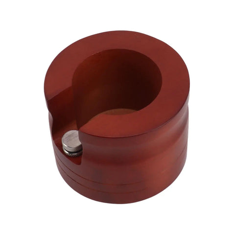 Red Solid Wood Espresso Portafilter Holder And Tamping Station with precision slot for 58mm filters, sturdy base.