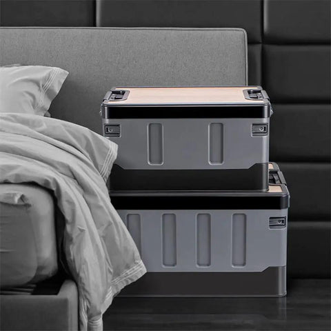 Kickass Folding Tailgate Crate Featuring Heavy Duty Wooden Tabletop Lid And Hella Massive Storage Volume For Smooth Car Camping Gear Organization And Rapid Trunk Setup In Matte Charcoal Black Coating