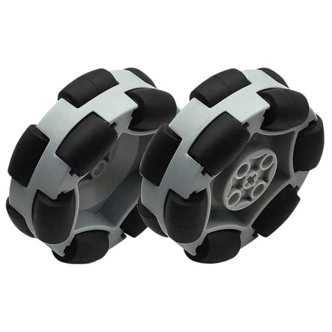 Front view of two 50mm omni wheels with gray plastic hubs and black rollers