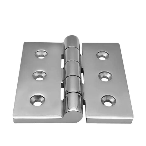 Premium 316 Stainless Steel Square Deck Door Hinge 100X100Mm Mirror Polish Finish viewed from the front with four bolt holes.