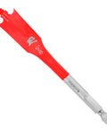 Heavy Duty Spade Bit For Wood Featuring Self Feeding Speed Tip And Curved Paddle Design Built For Cordless Drill Delivering Rapid Hole Boring At Five Eighth Inch Diameter With Quarter Inch Hex Shank For Dope Job Site Grinds, showing red tip and hex shank.