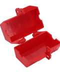 Rock Solid Industrial Power Plug Lockout Safety Box With Heavy Duty Padlock open to show interior, red ABS plastic for secure electrical lockout.