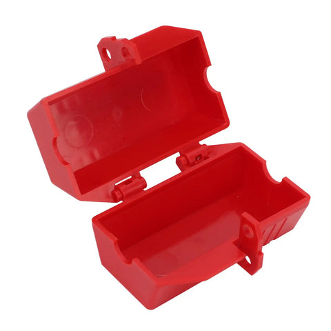 Rock Solid Industrial Power Plug Lockout Safety Box With Heavy Duty Padlock open to show interior, red ABS plastic for secure electrical lockout.