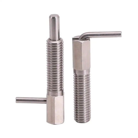 Heavy Duty M12 Retractable Indexing Plunger Pin 4 Pack Stainless Steel Spring Loaded Latch With L Handle Telescopic design displayed.