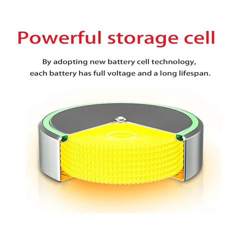 Heavy Duty AG10 LR1130 Button Cell Batteries 1.5V Alkaline 6 Pack With Five Year Shelf Life showing a yellow storage cell.