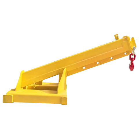 Rock Solid 8800Lb Manual Telescopic Forklift Jib Boom Crane, 94.5Inch extending hoist attachment in yellow with hook.