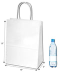 White Kraft Custom Printed Paper Bags With Twisted Handles, Stand Up Square Bottom, 10x5x13 Inches, Bulk 500 Pack next to bottle