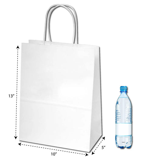 White Kraft Custom Printed Paper Bags With Twisted Handles, Stand Up Square Bottom, 10x5x13 Inches, Bulk 500 Pack next to bottle