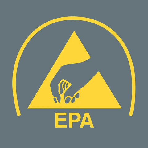 EPA logo with yellow hand and triangle on a gray background, representing ESD safe environment for sensitive electronics work.