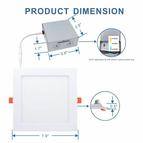 8 Inch Ultra Thin Square LED Recessed Lighting Kit With 3000K 4000K 5000K Color Temperature Options, 18W 1350 Lumens Dimmable Downlight dimensions