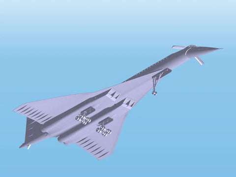 Top view of Tu-144 Supersonic Jet Building Kit With Optional Canards And Droop Snoot includes display stand and Aeroflot decals 1/144 scale