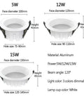 Image depicting 5W, 12W, and 15W aluminum LED recessed downlight fixtures with detailed dimensions and design.