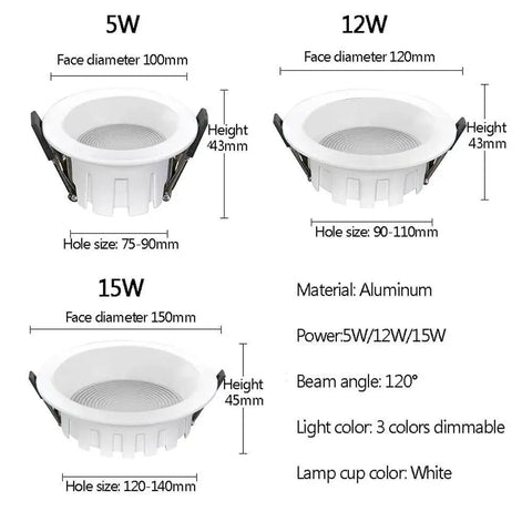 Image depicting 5W, 12W, and 15W aluminum LED recessed downlight fixtures with detailed dimensions and design.